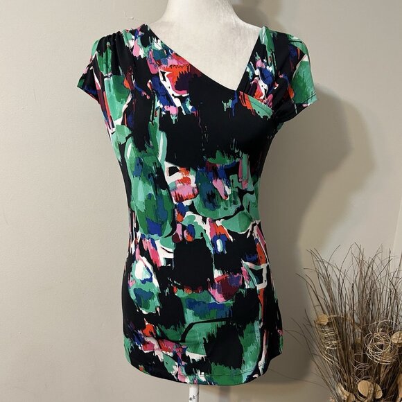Jockey P2P Women Blouse Top Multicolored Asymmetrical V-neck Pleated Shoulder S - Picture 1 of 7